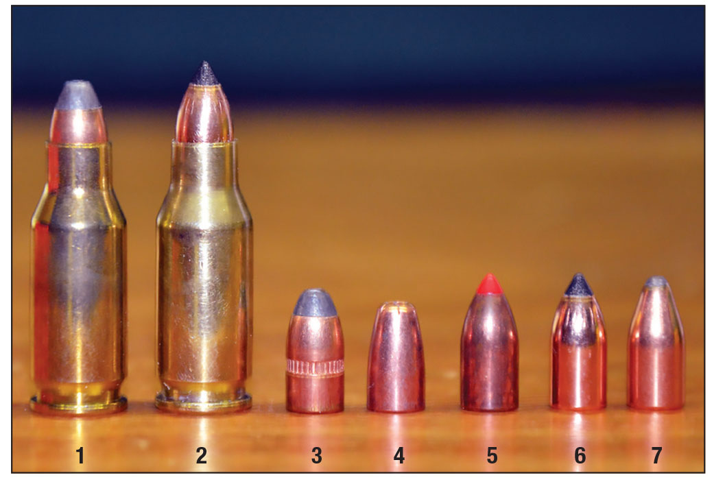 With pointed bullets handloaded in the .22 TCM, it is too long for the magazines of rifles built by Rock Island Armory, but the chamber throat length of the rifle allows single loading. From left to right; (1) 40 JHP Armscor factory load, (2) 40 Nosler Varmageddon handload, (3) 40 Armscor JHP, (4) 33 Speer Hornet HP, (5) 40 Hornady V-MAX, (6) 40 Nosler Varmageddon and (7) 40 Speer SP.